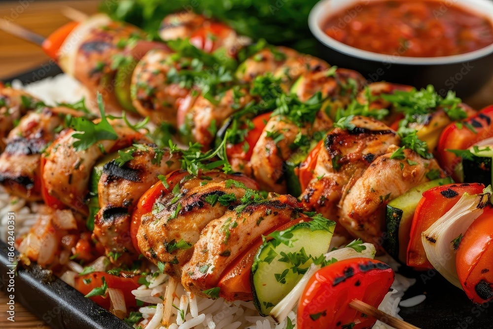 Close-up of delicious grilled chicken kebabs with vegetables on a platter, garnished with fresh herbs, perfect for a healthy and tasty meal. Close-up of delicious grilled chicken kebabs with vegetables on a platter, garnished with fresh herbs, perfect for a healthy and tasty meal.