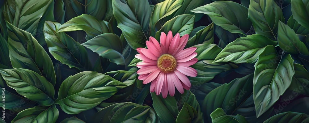 Pink daisy surrounded by lush green leaves, nature close-up. Botanical and tranquility concept