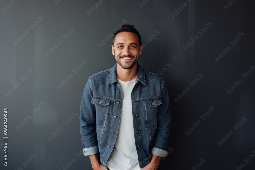 Portrait of a happy man in his 30s sporting a rugged denim jacket isolated on modern minimalist interior Portrait of a happy man in his 30s sporting a rugged denim jacket isolated on modern minimalist interior