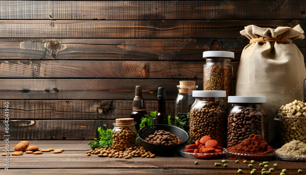 Composition with pet food and different products on wooden background Composition with pet food and different products on wooden background
