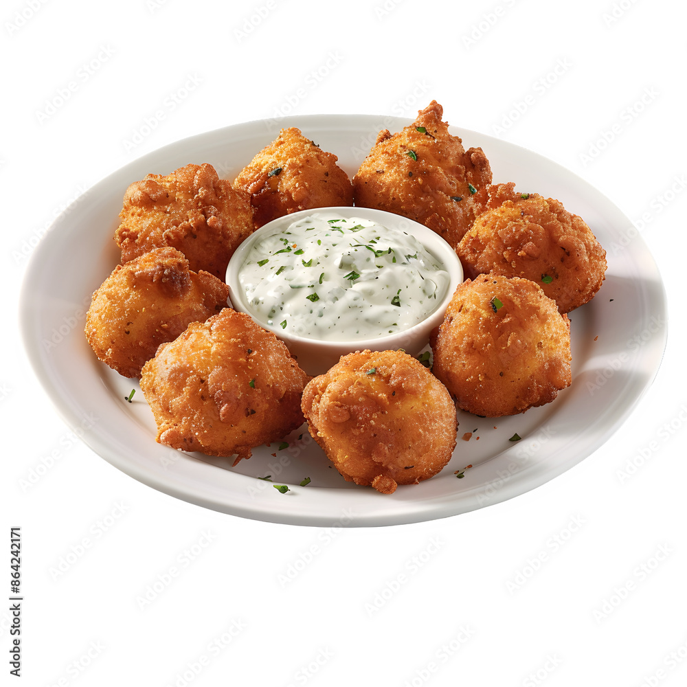 Crispy fried chicken bites with dip on transparent background Crispy fried chicken bites with dip on transparent background