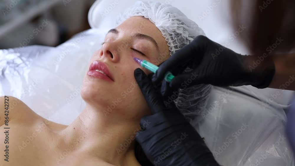 A professional beautician injects Botox into the face of a young woman