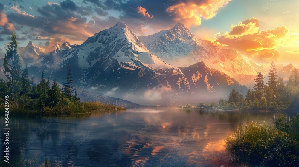 Majestic Mountain Range Reflecting in a Still Lake at Sunset Majestic Mountain Range Reflecting in a Still Lake at Sunset