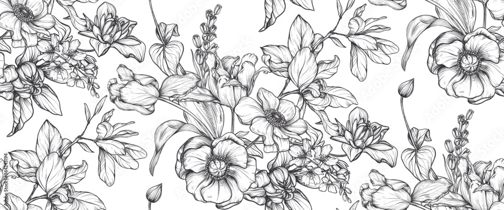 Beautiful hand drawn vector seamless pattern with black and white garden flowers birds, butterflies. Endless background with spring garden plants Beautiful hand drawn vector seamless pattern with black and white garden flowers birds, butterflies. Endless background with spring garden plants