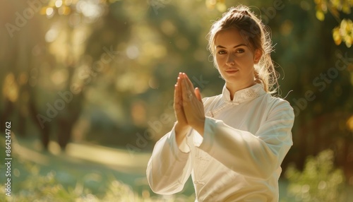 A woman is peacefully practicing Tai Chi in a calm forest setting, radiating tranquility and harmony with nature AIG58 photo