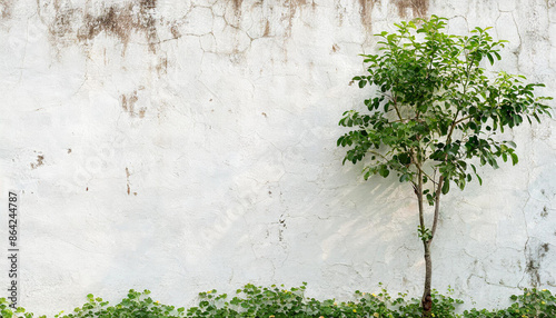 table and chairs sitting in front of a wall with a shadow of a tree on it and a potted plant