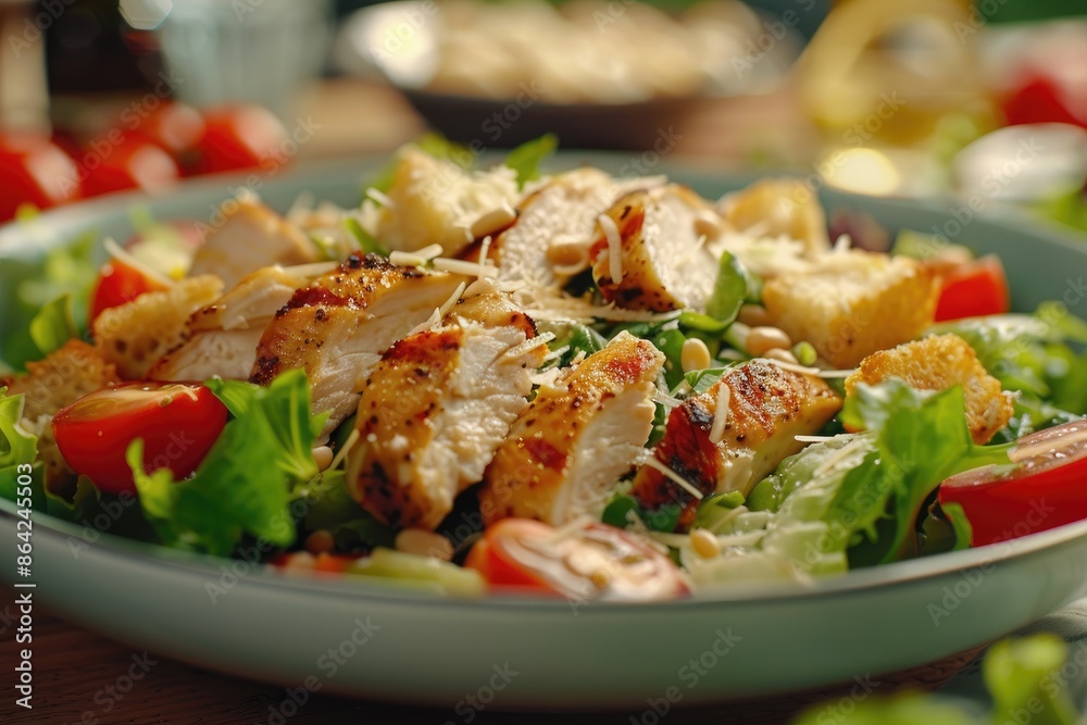 Tasty chicken Caesar salad featuring Parmesan cheese, tomatoes, croutons, and creamy dressing Tasty chicken Caesar salad featuring Parmesan cheese, tomatoes, croutons, and creamy dressing