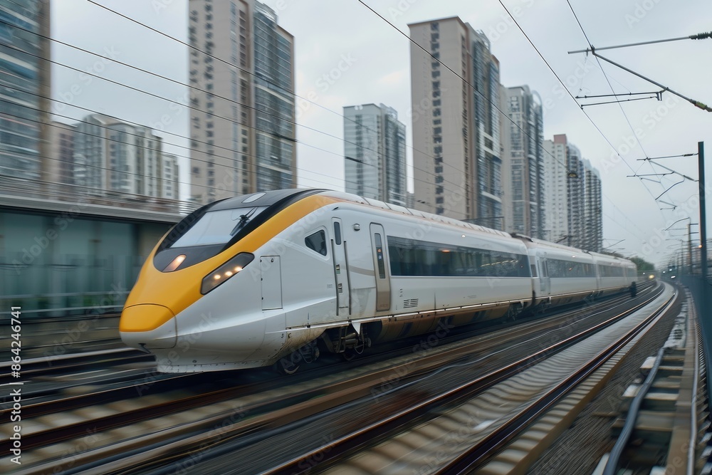 Naklejka premium Electric passenger train drives at high speed among urban landscape.