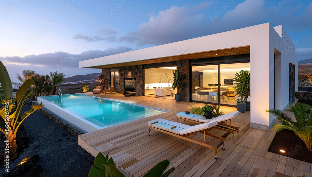 Fototapeta premium Lanzarote Dusk House with Pool and Wood Floors