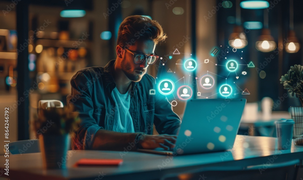 Innovative AI Tech Era: Handsome Young Businessman Engaged with AI Social Media on Laptop, Reflecting Modern Office Dynamics and Digital Engagement Innovative AI Tech Era: Handsome Young Businessman Engaged with AI Social Media on Laptop, Reflecting Modern Office Dynamics and Digital Engagement