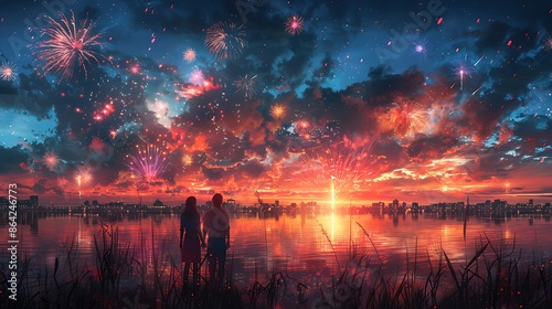 A couple watching fireworks together