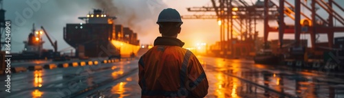 A worker in safety gear stands in a port, observing cargo ships and cranes at sunset, reflecting on the wet ground. © Sunshine