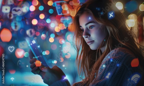 Captivating Social Media Interaction: A Stylish Young Woman Engrossed in Messaging, Displaying Modern Connectivity and Digital Lifestyle with Social Icons on Mobile Screen