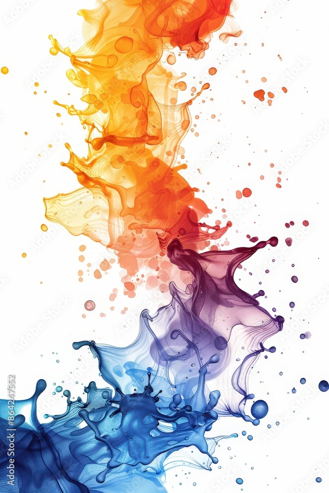 Dynamic abstract image of colorful ink swirling in water, featuring vibrant orange, purple, and blue hues on a white background. Dynamic abstract image of colorful ink swirling in water, featuring vibrant orange, purple, and blue hues on a white background.