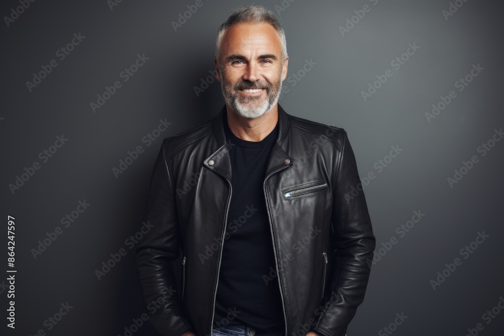 Obraz premium Portrait of a happy man in his 50s sporting a classic leather jacket on modern minimalist interior