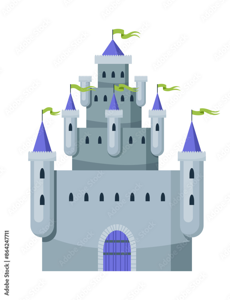 Fototapeta premium Fairy tale castle. Medieval royal mansion architecture. Beautiful fairy-tale tower for princess, historic fortified building. Knight castle, imagination concept. Isolated cartoon vector illustration