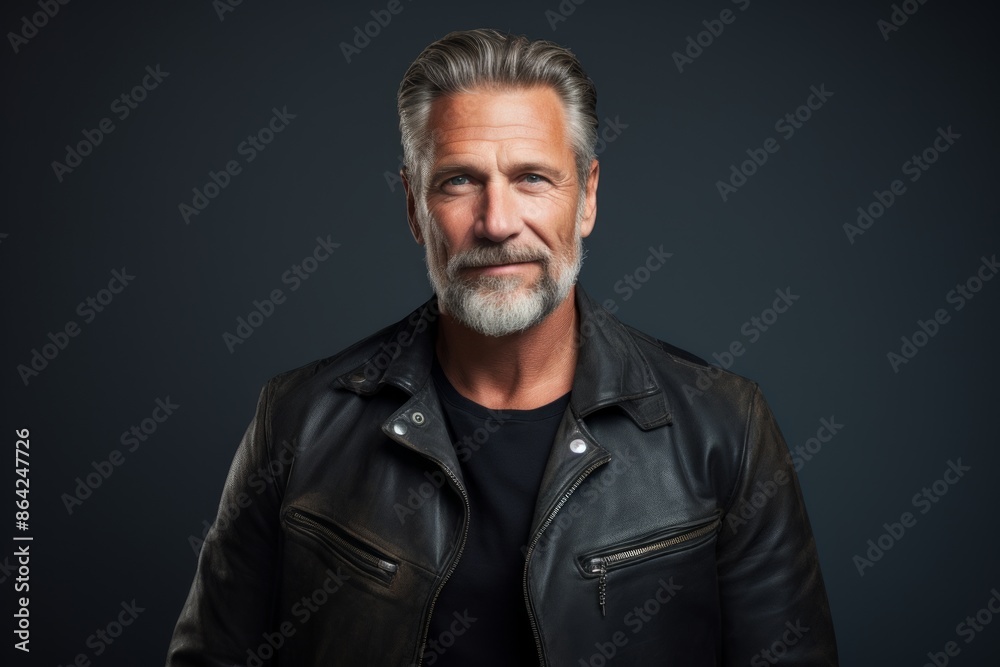 Portrait of a happy man in his 50s sporting a classic leather jacket in front of modern minimalist interior Portrait of a happy man in his 50s sporting a classic leather jacket in front of modern minimalist interior