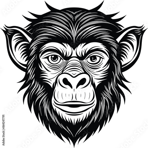 Vector Hand Drawn Chimpanzee Ape with Colored Abstract Funny Monkey Head for Wall Art, T-shirt Print, Poster. Cartoon Cute Chimp Monkey Icon logo