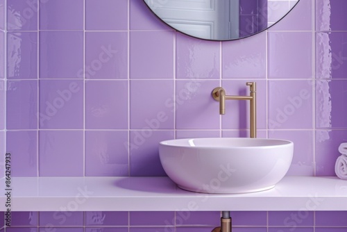 Step into luxury with a minimalist bathroom featuring a white ceramic vessel sink and brass faucet on a white counter, set against a violet tiles wall with a mirror.
