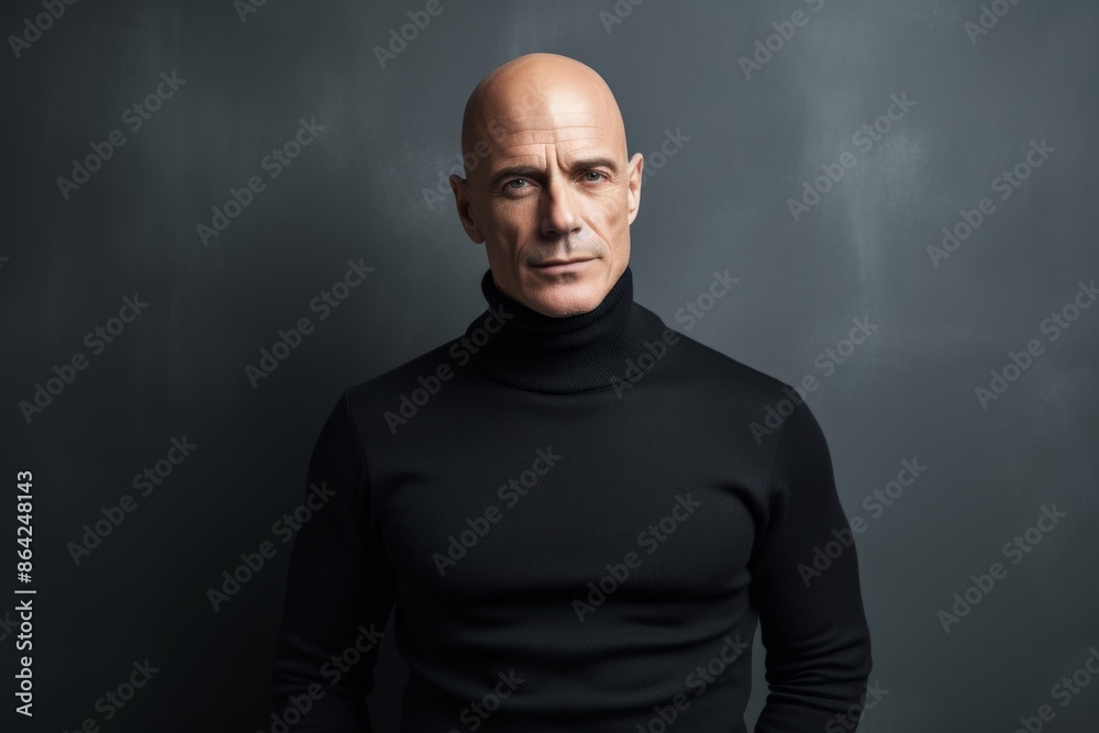 Portrait of a tender man in his 50s wearing a classic turtleneck sweater in front of modern minimalist interior Portrait of a tender man in his 50s wearing a classic turtleneck sweater in front of modern minimalist interior