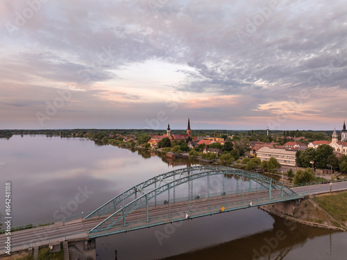 aerial view about the Rackeve city and city brdige included the churches, small Danube river and an island. photo