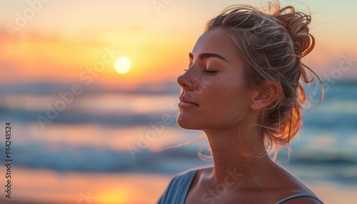 A woman peacefully enjoys a sunset moment on the beach, capturing serenity in nature and the beauty of the scene AIG58 photo