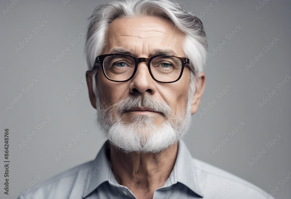 Portrait of handsome mature man with grey hair and beard wearing eyeglasses, isolated white background
