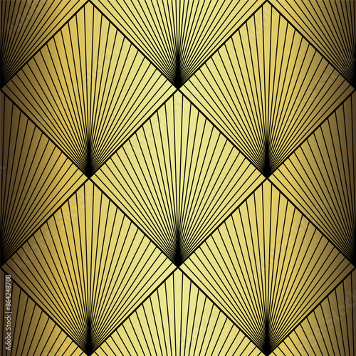 Art Deco Wallpaper. Black and gold seamless pattern in roaring twenties style. Line art deco background for interior design. Elegant art deco type