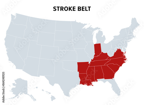 Stroke Belt, or Stroke Alley, political map. Region of 11 states in the Southeastern United States that has been recognized for having an unusually high incidence of stroke and cardiovascular disease.