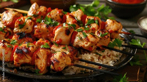 Grilled chicken skewers served on a bed of rice and garnished with fresh cilantro, surrounded by various sauces and herbs.