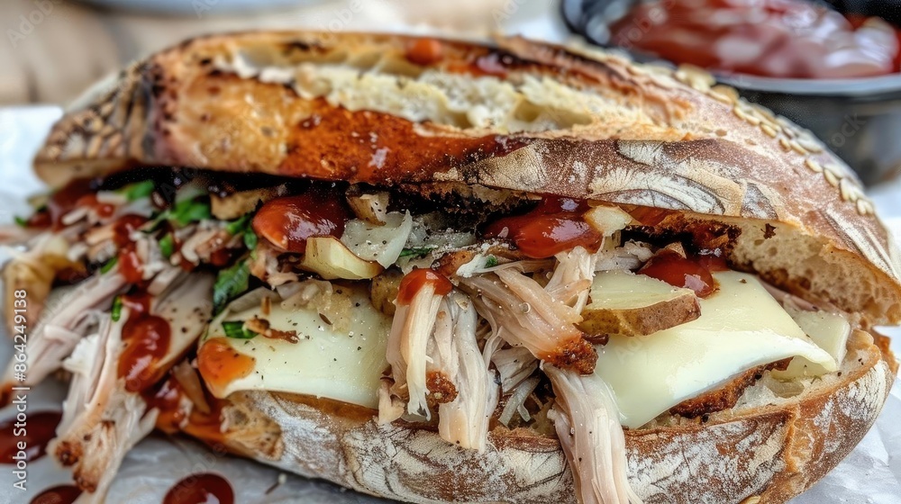 Delicious pulled pork sandwich with melted cheese and barbecue sauce on rustic bread, perfect for a hearty meal or barbecue feast. Delicious pulled pork sandwich with melted cheese and barbecue sauce on rustic bread, perfect for a hearty meal or barbecue feast.