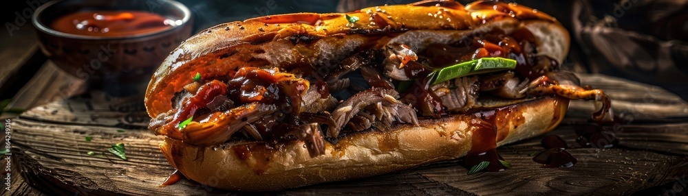 Mouthwatering pulled pork sandwich with barbecue sauce, crispy onions, and fresh herbs on a rustic wooden background. Mouthwatering pulled pork sandwich with barbecue sauce, crispy onions, and fresh herbs on a rustic wooden background.