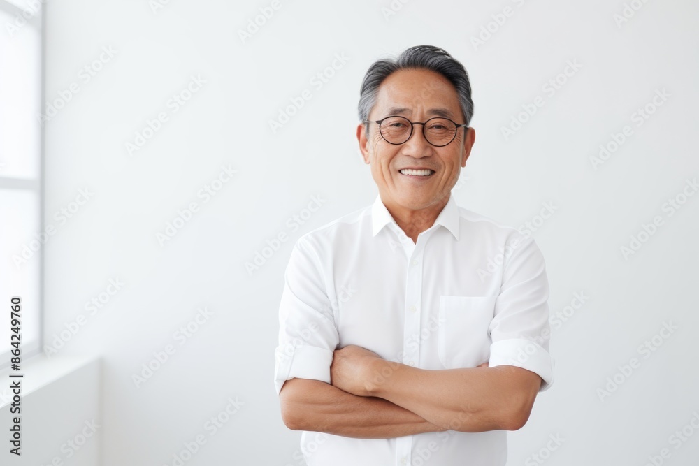 Portrait of a satisfied asian man in his 60s wearing a classic white shirt in front of modern minimalist interior Portrait of a satisfied asian man in his 60s wearing a classic white shirt in front of modern minimalist interior