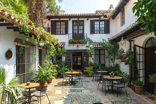 The hotel's small courtyard features outdoor tables and chairs, black wooden shutters on the windows