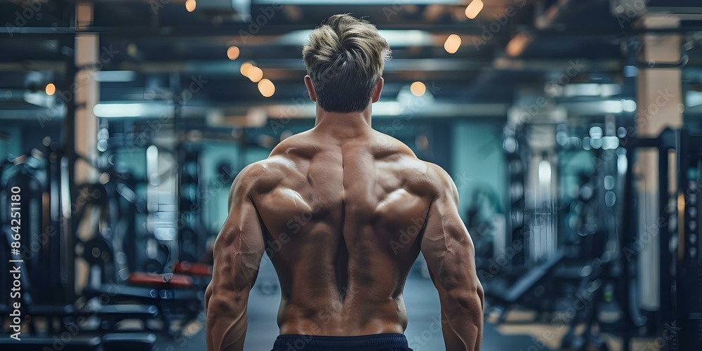 Muscular bodybuilder men workout in gym focus on back view. Concept Bodybuilding, Muscle Training, Gym Workouts, Back Exercises, Fitness Goals Muscular bodybuilder men workout in gym focus on back view. Concept Bodybuilding, Muscle Training, Gym Workouts, Back Exercises, Fitness Goals