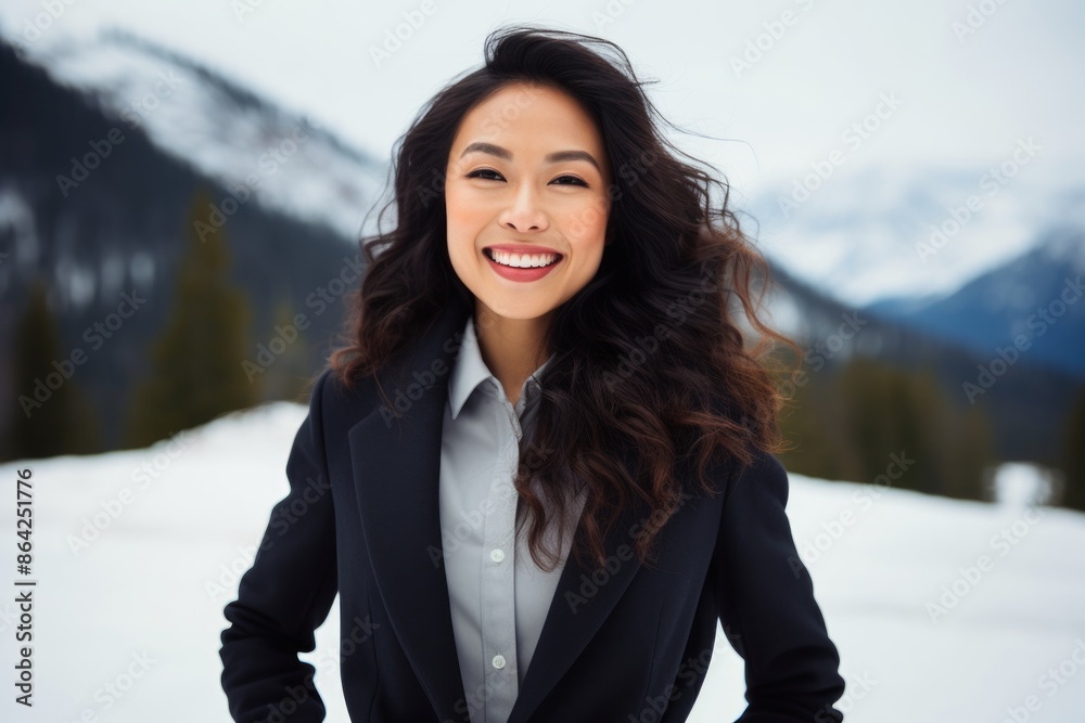 Portrait of a grinning asian woman in her 30s wearing a professional suit jacket on snowy mountain range Portrait of a grinning asian woman in her 30s wearing a professional suit jacket on snowy mountain range