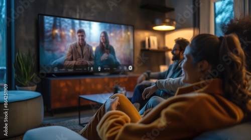 A group of friends having fun watching TV sitting on the couch at home in a cozy atmosphere. Concept of leisure and fun activities 