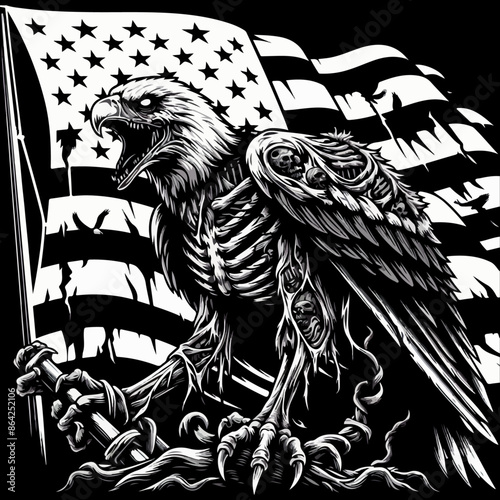 Undead American Bald Eagle with Flag Grayscale Theme