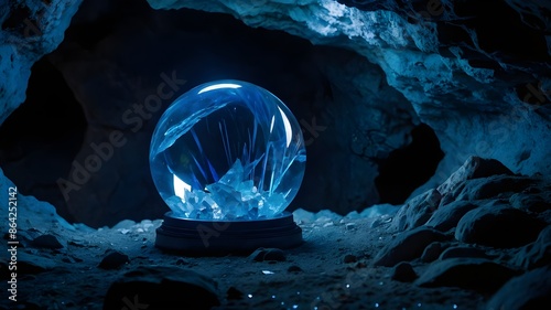 Glowing Blue Orb Floating Above Marble Pedestal in Dark Room, Brilliant Blue Orb Emitting Soft Descent Above Marble Pedestal, Dark Room Scene: Glowing Blue Orb on Marble Pedestal, Soft Descent Illumin photo