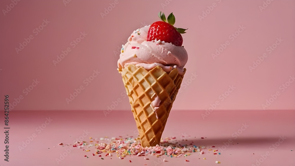 Strawberry Ice Cream Cone with a Sprinkle of Sugar, Delicious Strawberry Ice Cream Cone Topped with Sugar Sprinkles, Sweet Strawberry Ice Cream Cone with a Touch of Sugar, Ice Cream Cone Featuring Str Strawberry Ice Cream Cone with a Sprinkle of Sugar, Delicious Strawberry Ice Cream Cone Topped with Sugar Sprinkles, Sweet Strawberry Ice Cream Cone with a Touch of Sugar, Ice Cream Cone Featuring Str