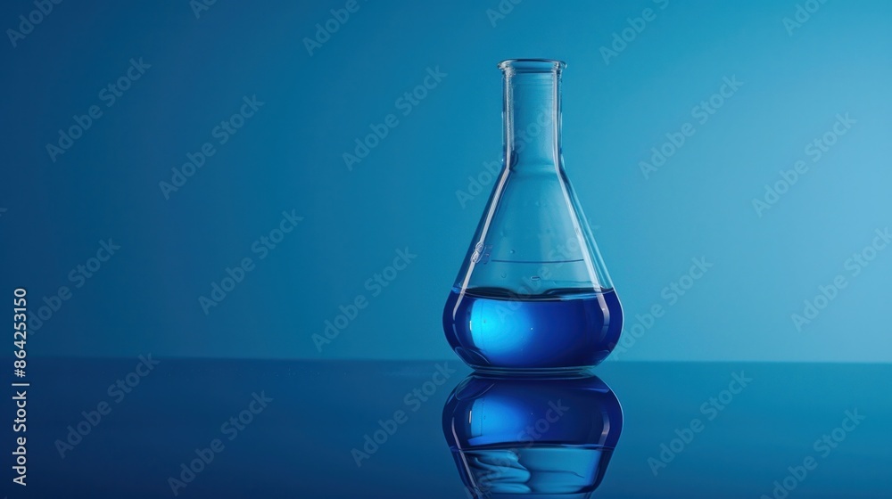 Blue chemical solution in glass bottle on reflective surface blue background