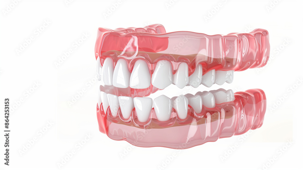 Obraz premium 3D render of teeth with dental veneers being applied to the front surfaces, demonstrating aesthetic enhancement, set against a clean white background to emphasize cosmetic dentistry.