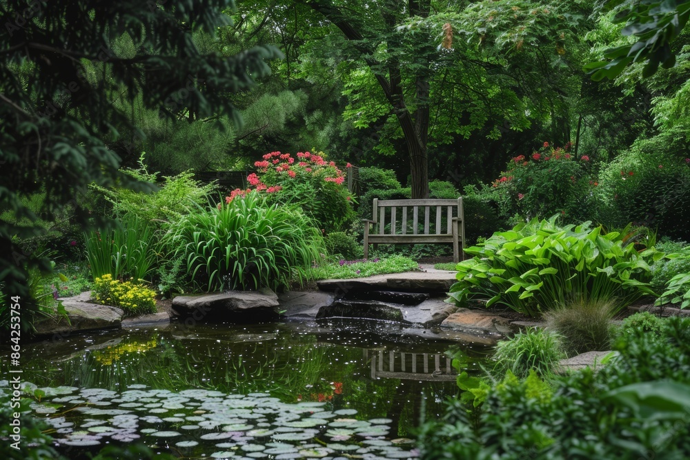 Serene Garden with Small Pond, Bench, and Lush Greenery for Relaxation and Nature Retreat Serene Garden with Small Pond, Bench, and Lush Greenery for Relaxation and Nature Retreat