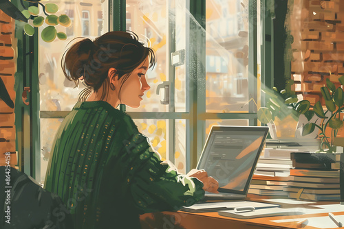 A woman in a green sweater sitting at her desk working on a laptop, with a brick wall and glass door in the background, with natural light. The scene is depicted