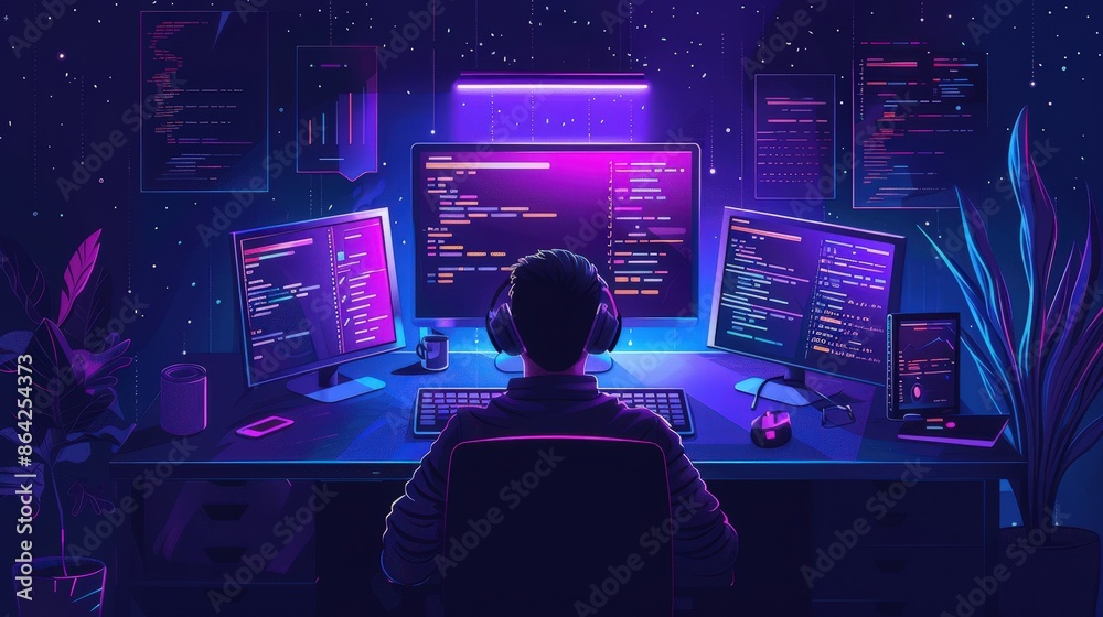 A programmer working at a desk with multiple monitors, surrounded by neon lights in a modern, tech-savvy workspace at night. A programmer working at a desk with multiple monitors, surrounded by neon lights in a modern, tech-savvy workspace at night.