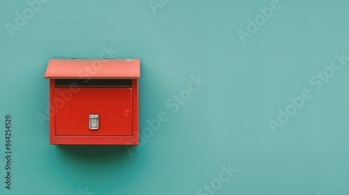 Red street mailbox on a blue solid background with copy space photo