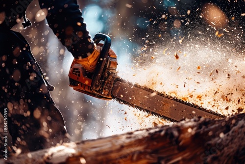 Lumberjack, chainsaw moving Sawdust flew to the side.