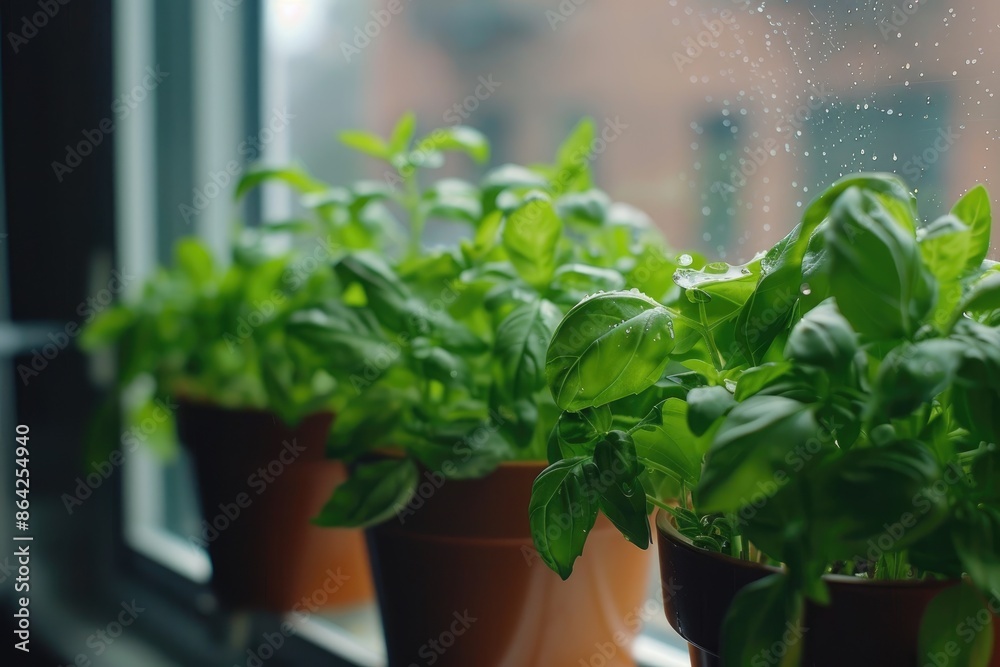 A copy space image of fresh green basil in pots adorns the windowsill A copy space image of fresh green basil in pots adorns the windowsill