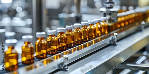 Factory conveyor belt moves glass bottles and ampoules in pharmaceutical production line. Concept Pharmaceutical manufacturing, Glass bottles, Conveyor belt, Production line, Ampoules