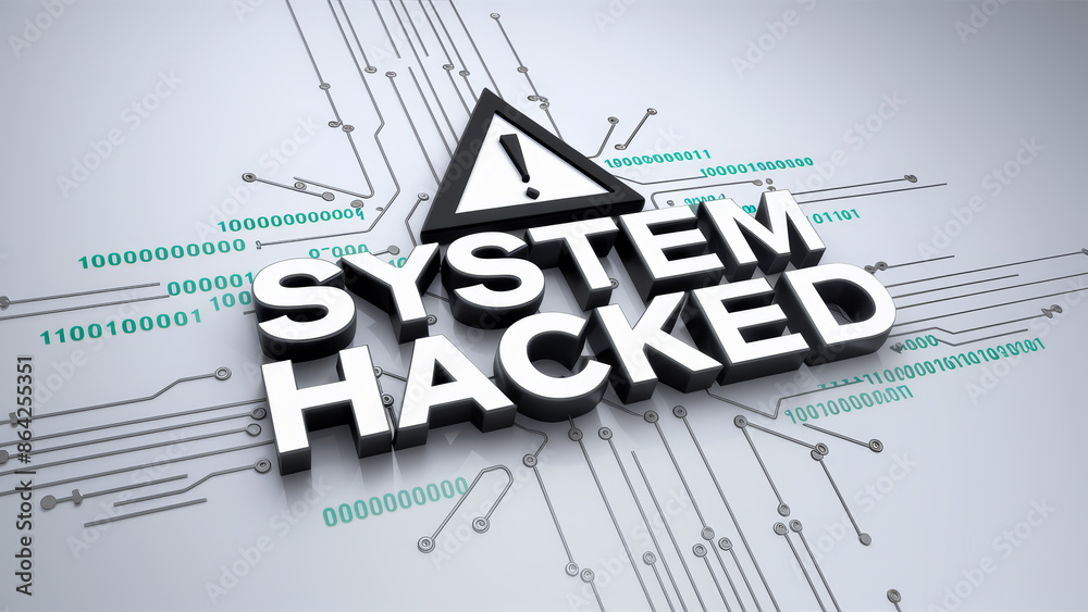 Image of a cybersecurity alert with the text Hacked System. Illustration of Hacked System text. Concept of Cyber Security Alert with Circuits and Binary Code Image of a cybersecurity alert with the text Hacked System. Illustration of Hacked System text. Concept of Cyber Security Alert with Circuits and Binary Code